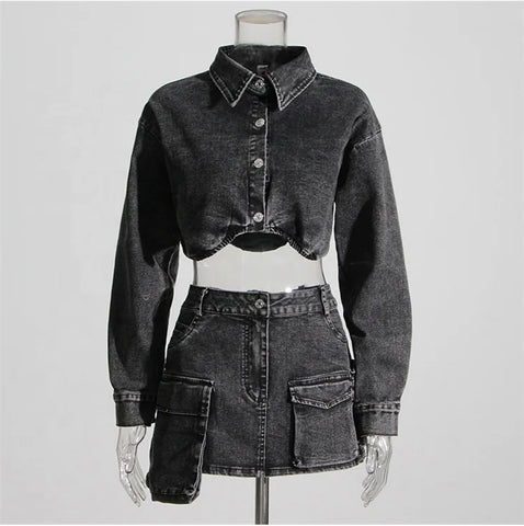 Black Denim Two Piece Set
